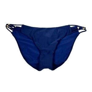 PilyQ PQ Nat Braided Full Blue Ruched Swim Bikini Bottom Gold Beads Size S NWT